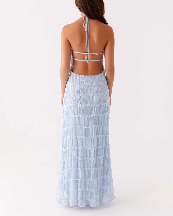 Women Halter Flowy Vacation Long Dress Sexy Sheer Ruched Backless Dress Y2k Sleeveless Beach Tiered Maxi Sundresses – Bild 6