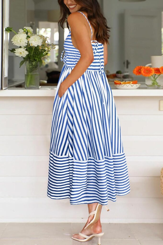 Fashionme Womens Summer Maxi Dresses 2025 Trendy Striped Vacation Boho Beach Spaghetti Strap Sundress Back Tie with Pockets – Bild 6