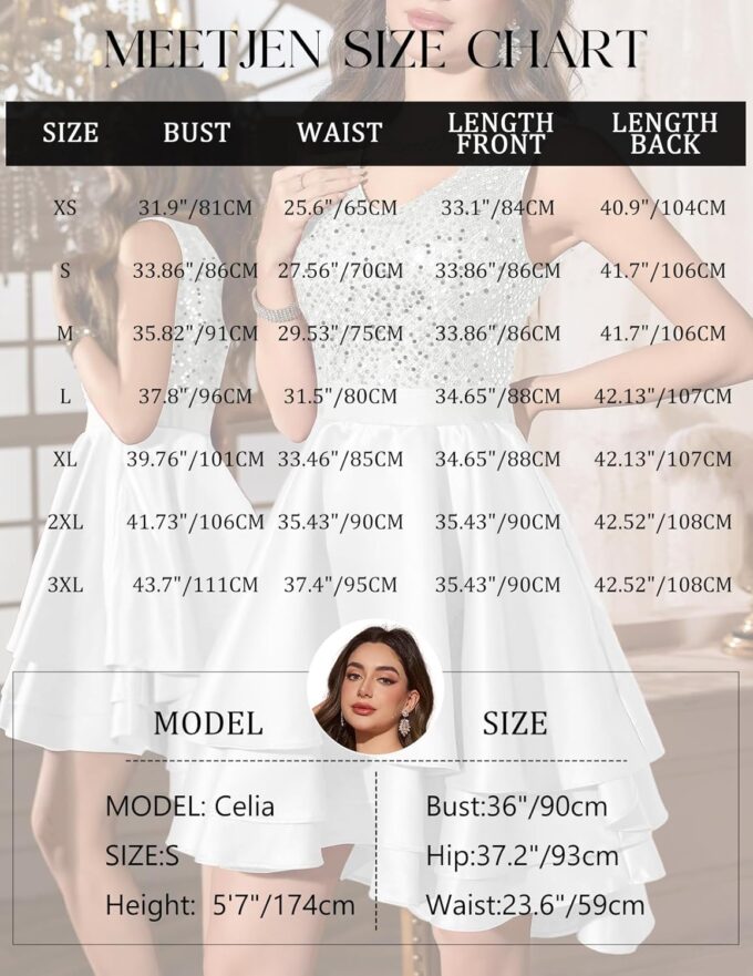 Meetjen Women's Sequin Prom Dresses Cocktail Party Sparkly Short V Neck A-line High Low Satin Formal Dress for Wedding – Bild 6