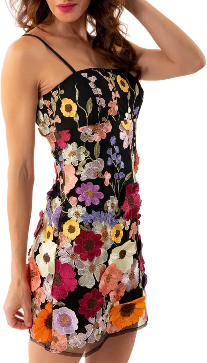 Women Floral Spaghetti Strap Mini Dress Summer 3D Flower Embroidery Sleeveless Backless Short Dress Nightclub – Bild 2