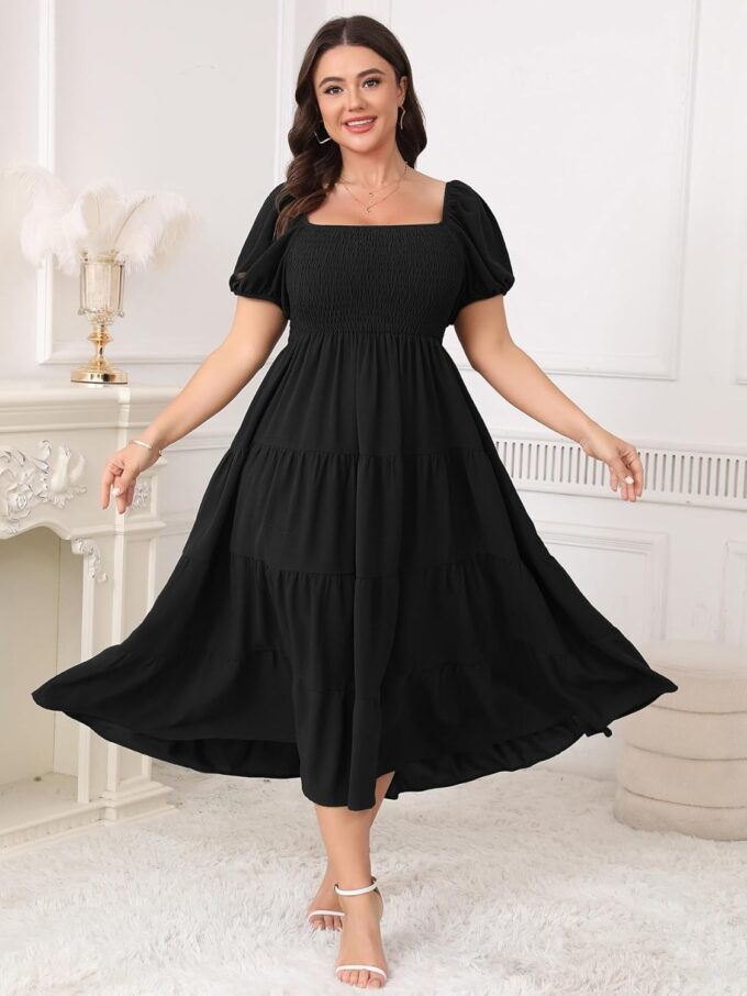 Womens Plus Size Casual Dress Short Puff Sleeve Square Neck Smocked Tiered Summer A Line Flowy Long Maxi Dresses – Bild 4