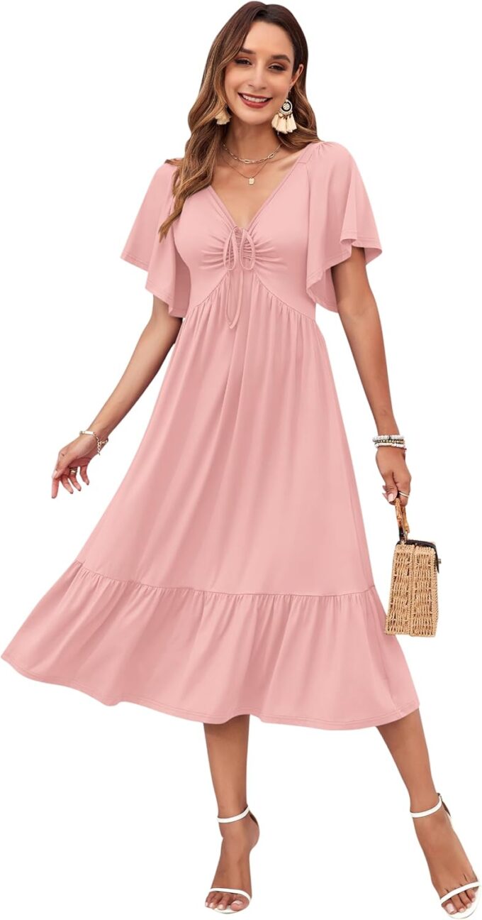 AUSELILY Women's 2025 New Summer Empire Waist Dress Drawstring Pleating Flutter Short Sleeve V Neck Midi Dresses – Bild 3