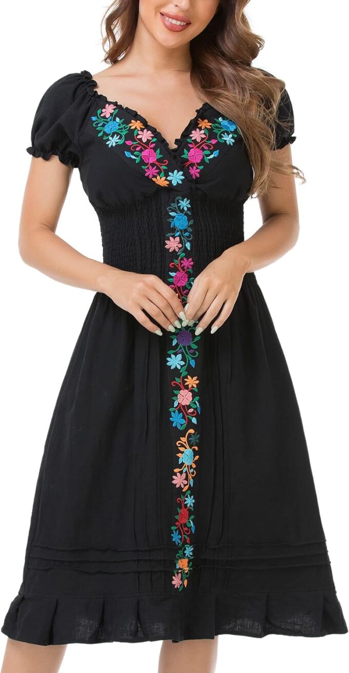 YZXDORWJ Women Mexican Embroidered Casual Dress Summer Ruffle V Neck Short Sleeves – Bild 5