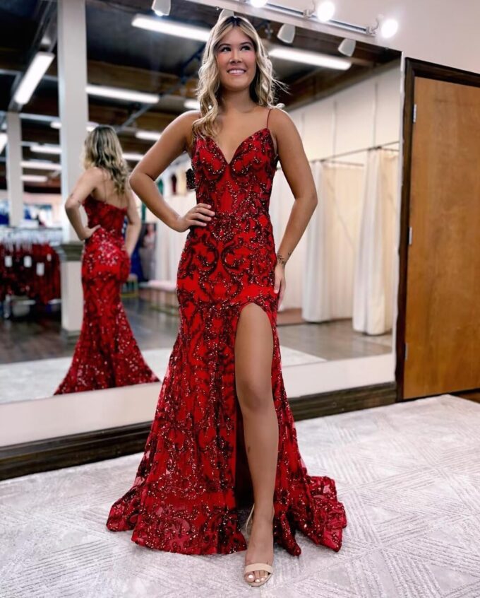 Mermaid Sparkly Sequin Prom Dress with Slit for Women 2025 Spaghetti Straps Tulle Evening Formal Gown – Bild 3