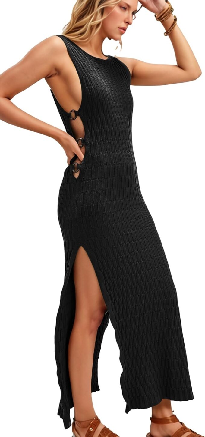 Women's 2025 Summer Bodycon Midi Dress Sleeveless Ribbed Knit Sweater Dresses Vacation Party(Black-M)