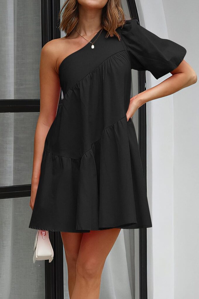 KIRUNDO Summer One Shoulder Mini Baby Doll Dresses Women 2025 Casual Puff Sleeve Loose Tiered A Line Flowy Short Dress – Bild 4