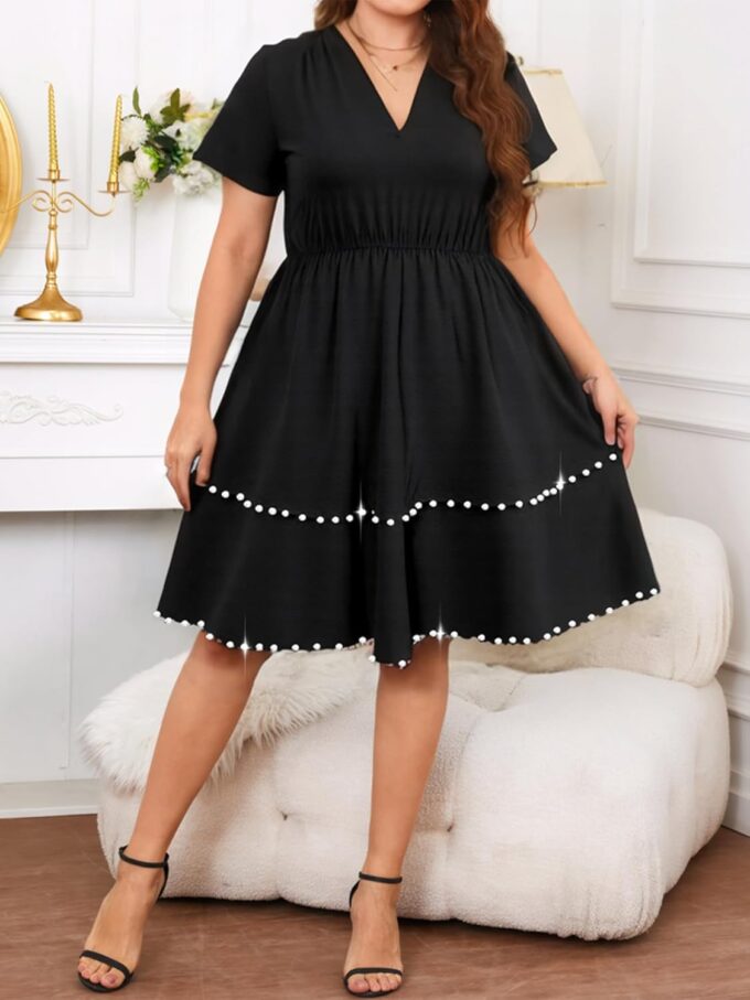 ZNU Plus Size Women’s Cocktail Dresses Studded Draped Double Hem Prom Dress Elegant V-Neck Short Sleeve A-Linen Dresses – Bild 2