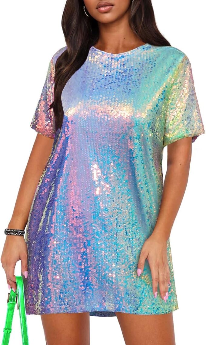 Ophestin Women's Sparkly Sequin T Shirt Dress Short Sleeve Crewneck Tie Backless Glitter Party Club Dresses