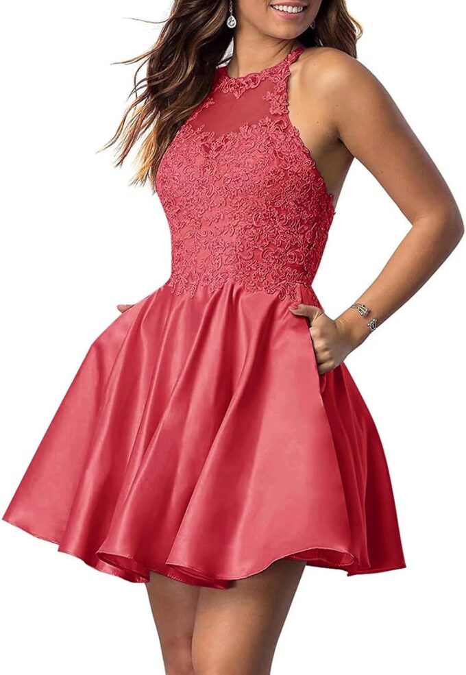 Women's Homecoming Dresses Satin Cocktail Dresses with Pockets for Teens Halter Applique Lace Short Prom Dresses – Bild 6