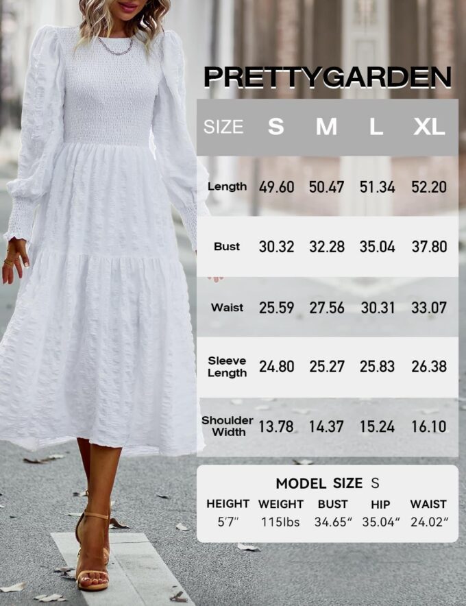 PRETTYGARDEN Women 2025 Spring Puff Long Sleeve Crewneck Smocked Maxi Dress Empire Waist Tiered A-line Swing Flowy Long Dress – Bild 6