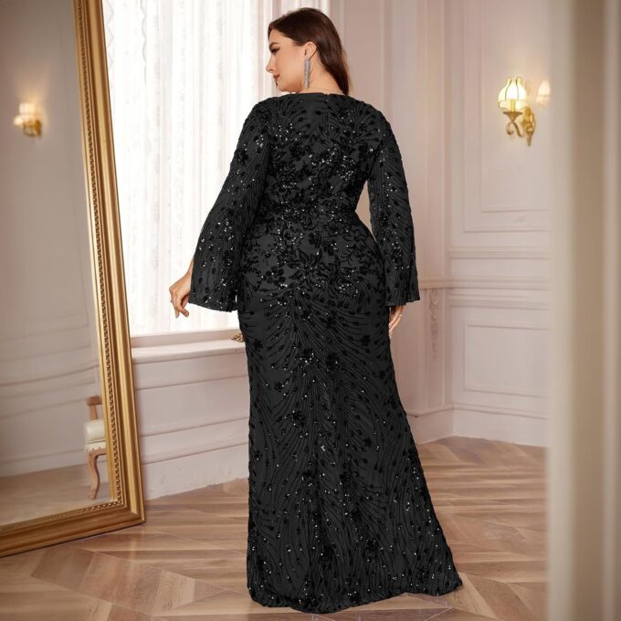 Plus Size Formal Dresses for Women with Embroidery Sequin and Cape Sleeve, V-Neck Maxi Dress for Wedding and Party – Bild 4