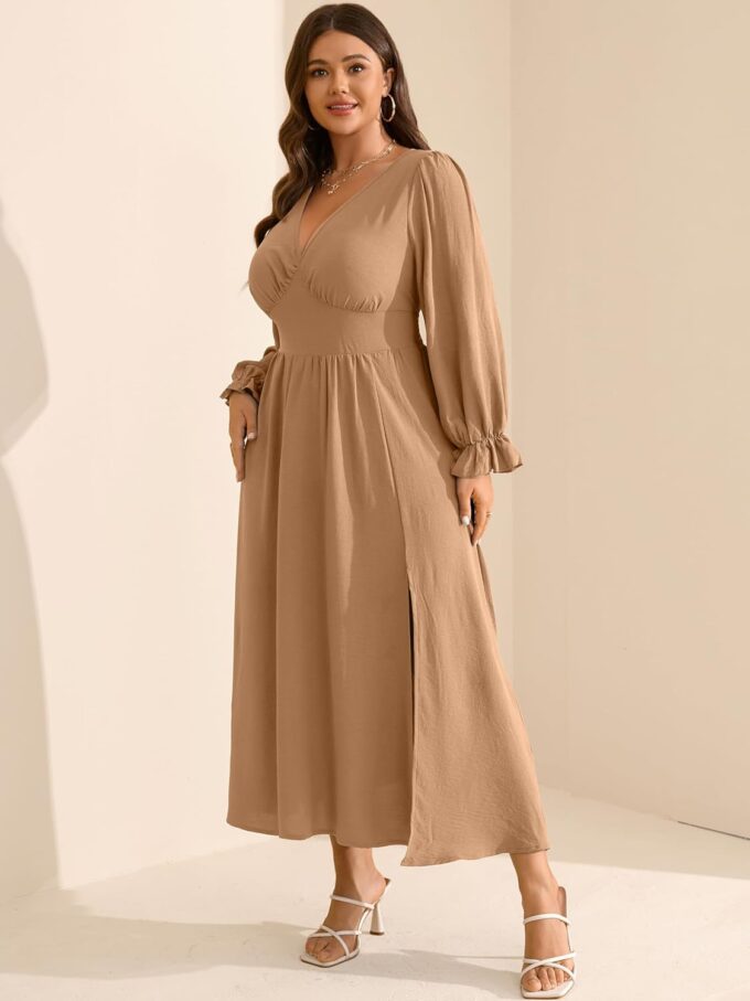 RWJ Plus Size Wedding Guest Dress for Women Deep V Neck Long Sleeve High Waist Slit Formal Cocktail Party Fall Maxi Dresses – Bild 3