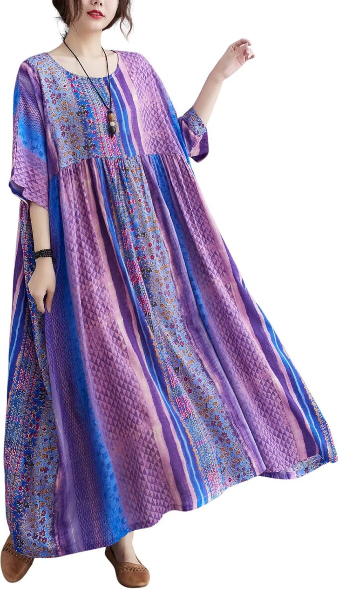 Women Summer Dress with Pockets Plus Size Boho Floral Print Round Neck Loose Casual Purple Flowy Dress