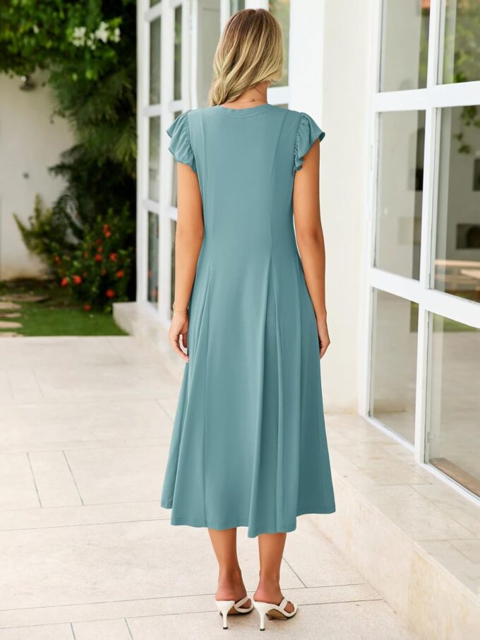 Simplee Womens Summer Casual Dress - Short Sleeve Button Crewneck A-Line Flowy Fit and Flare Beach Midi Dress – Bild 6