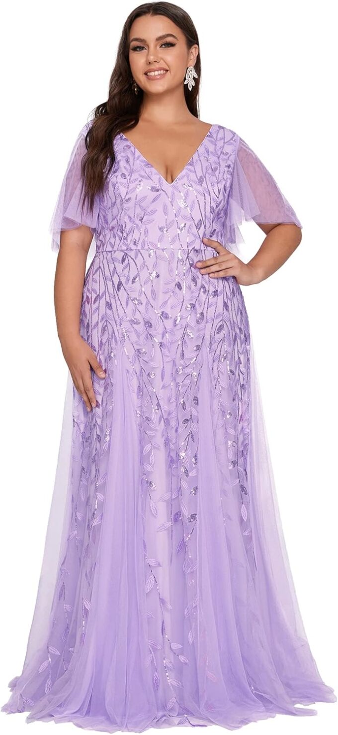 Ever-Pretty Womens Plus Size V-Neck Sequin Emboridery Formal Evening Dresses with Sleeves 00736-DA