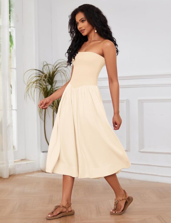 Livtany Women Off Shoulder Midi Dress Strapless Sleeveless Drop-Waist A Line Tube Dress Trendy Summer Swing Patchwork Dress – Bild 5