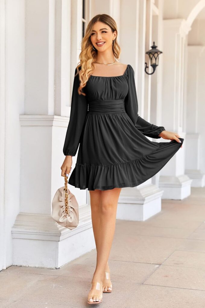 Wenrine Women's Mesh Long Sleeve Square Neck Dress High Waist A Line Ruffle Hem Flowy Casual Party Mini Dress – Bild 5