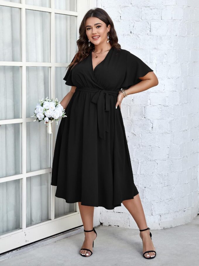 SCOMCHIC Womens Plus Size Wedding Guest Cocktail Midi Dress Summer Short Sleeve Wrap V Neck Belted A-Line Flowy Dress – Bild 3
