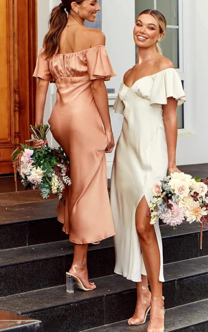 2025 Summer Women's Satin Off Shoulder Formal Dress Wedding Guest Elegant Butterfly Sleeve Split Cocktail Prom Midi Dresses – Bild 6