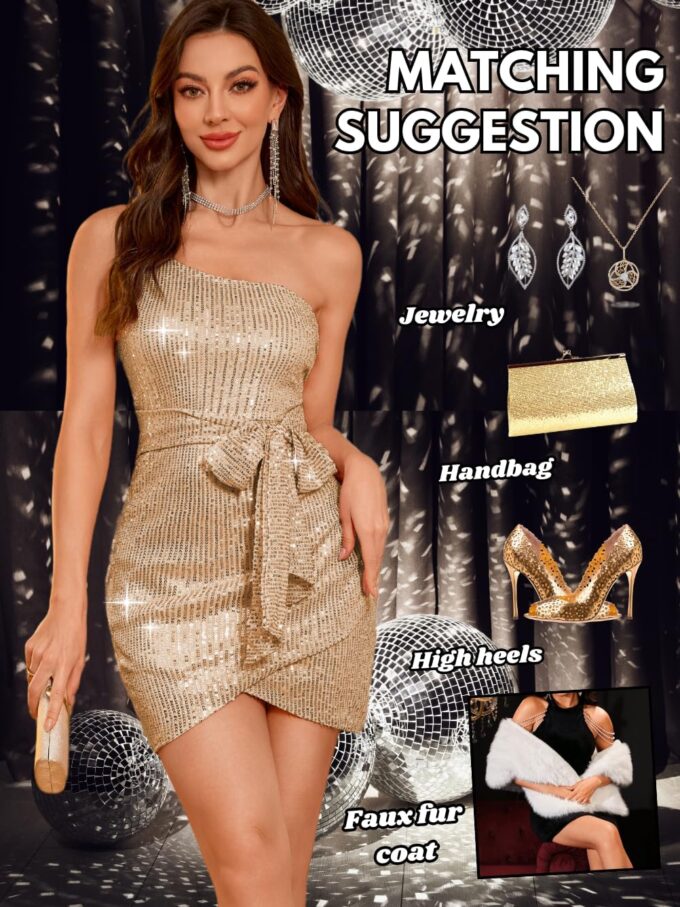 Kaei&Shi Sequin Cocktail Dress,One Shoulder Tie Front Sparkly Mini Dresses Women,Sexy Holiday Party Outfit Homecoming Nye – Bild 6
