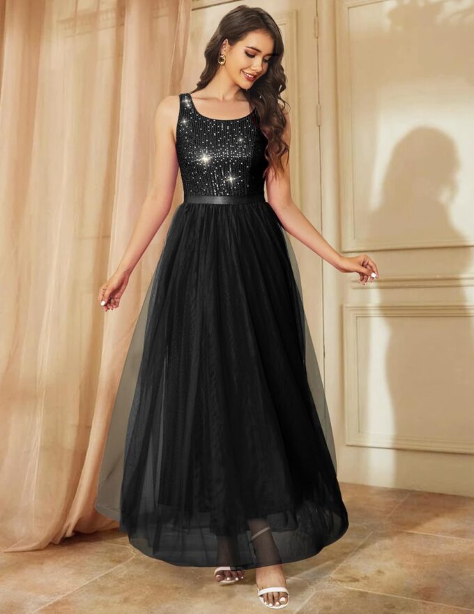 BeryLove Sequin Dress for Woman Vintage A Line Wedding Formal Swing Mesh Dress Sleeveless Cocktail Maxi Gowns – Bild 4