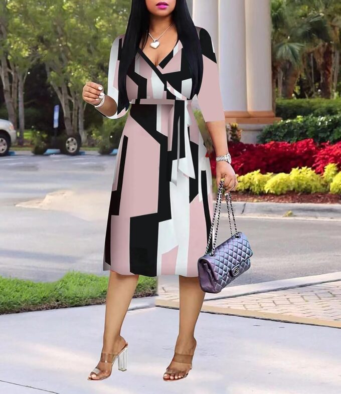 Womens Plus Size Summer Dresses Sexy V Neck Midi Dress Faux Wrap Dress 3/4 Sleeve Boho Casual Floral A-Line Skirts – Bild 3