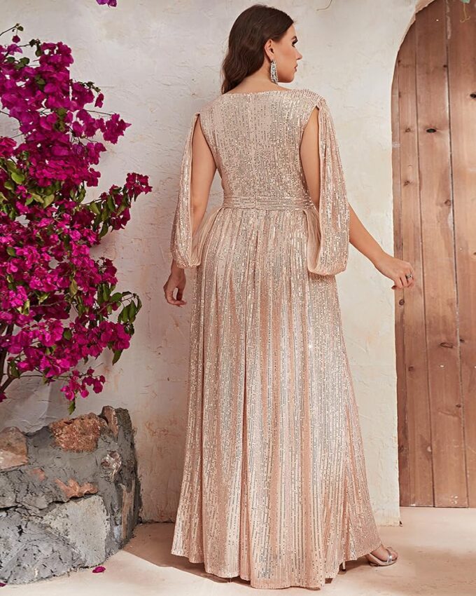 Women's Plus Size Flare Sleeve V Neck Side Split Sequin Formal Prom Dress – Bild 5