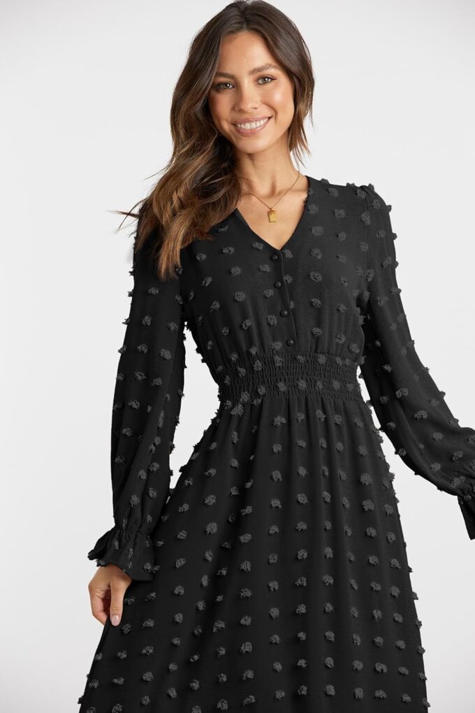 MASCOMODA Women Maxi Dress 2025 Fall Long Sleeve V Neck Swiss Dot Boho Smocked High Waisted A-Line Tiered Flowy Long Dresses – Bild 6