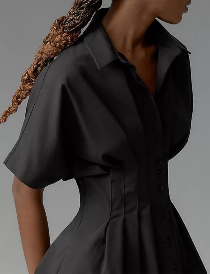 Women Button Down Pleated Shirt Dress Summer Short Sleeve Blouse Striped Print Corset Mini Dresses – Bild 4
