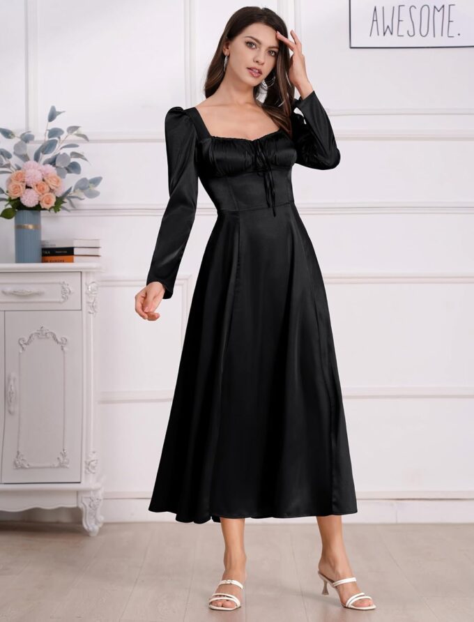 ODIZLI Women Satin Long Corset Dress Long Sleeve Midi Dresses for Wedding Guest Party Bridesmaid Dresses – Bild 6