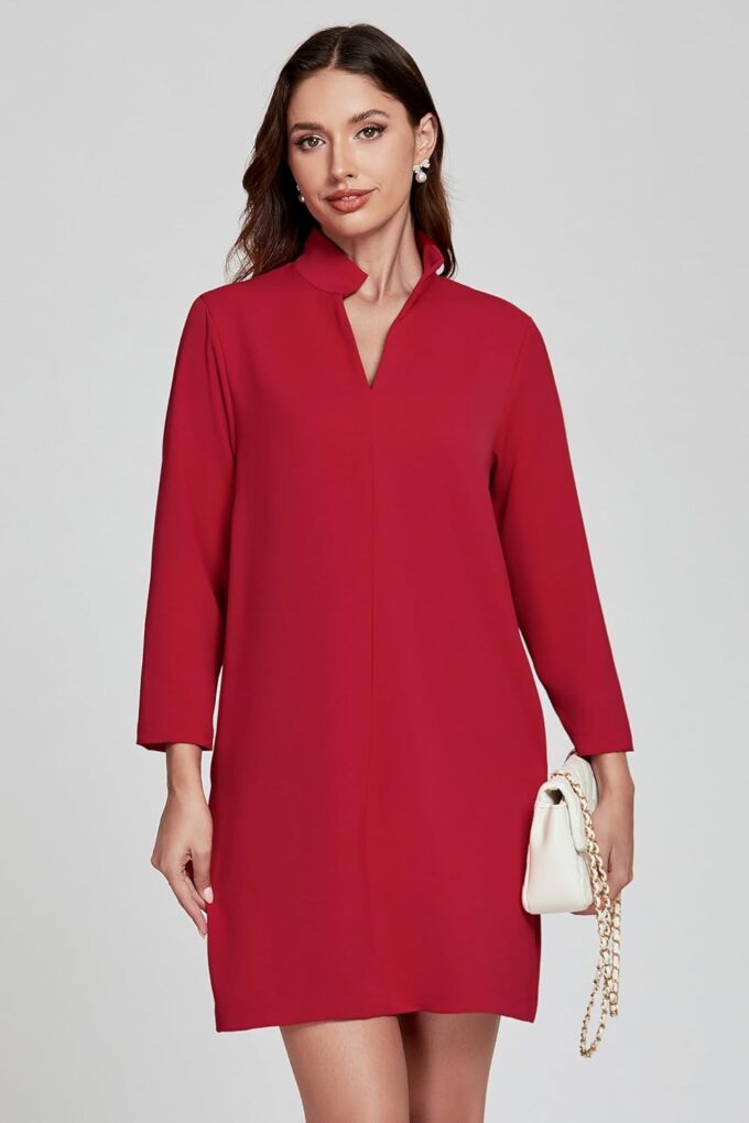 EZAPINE Damen-Minikleid, V-Ausschnitt, 3/4-Ärmel, Retro, elegant, formelle Arbeitskleider mit Taschen – Bild 5