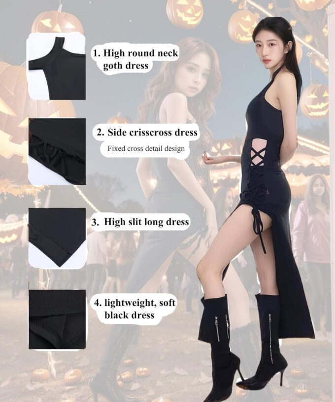 Mingnos Sexy Black Goth Dress for Women, Sleeveless Cutout Side Crisscross High Slit Dresses Cosplay Festival Rave Outfits – Bild 2