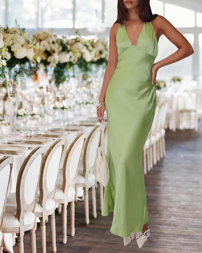 Women's Satin Dresses Summer Bodycon Sexy Halter V Neck Backless Elegant Formal Prom Cocktail Wedding Guest Maxi Dress – Bild 3