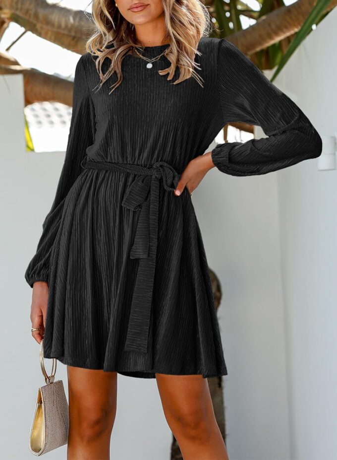 Happy Sailed Women's Velvet Dress Fall Fashion Lantern Sleeve High Waist A-Line Skater Cocktail Party Dresses with Belt – Bild 5