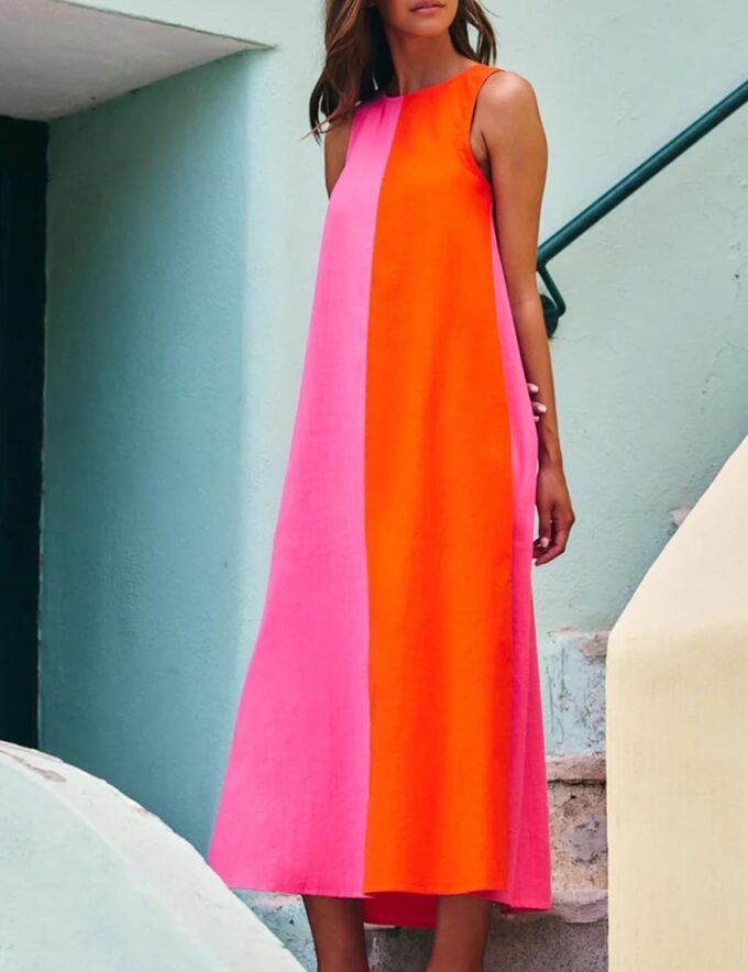 Zontroldy Summer Casual Dress for Women Long Sleeveless Crewneck Dresses Color Block Side Slit Beach Vacation Dress – Bild 2