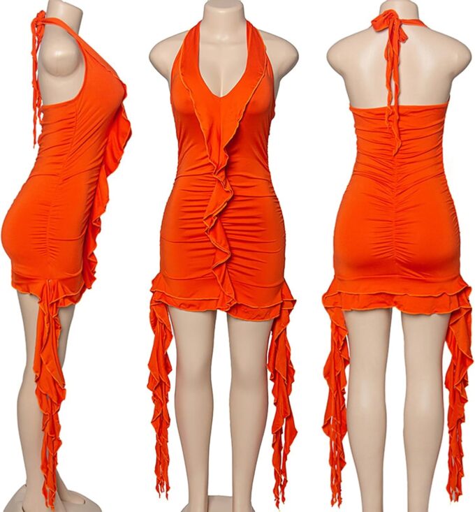 Womens Sexy Ruffle Y2K Mini Dress Halter Deep V Neck Backless Fringe Tassel Ruched Party Club Short Dresses – Bild 4