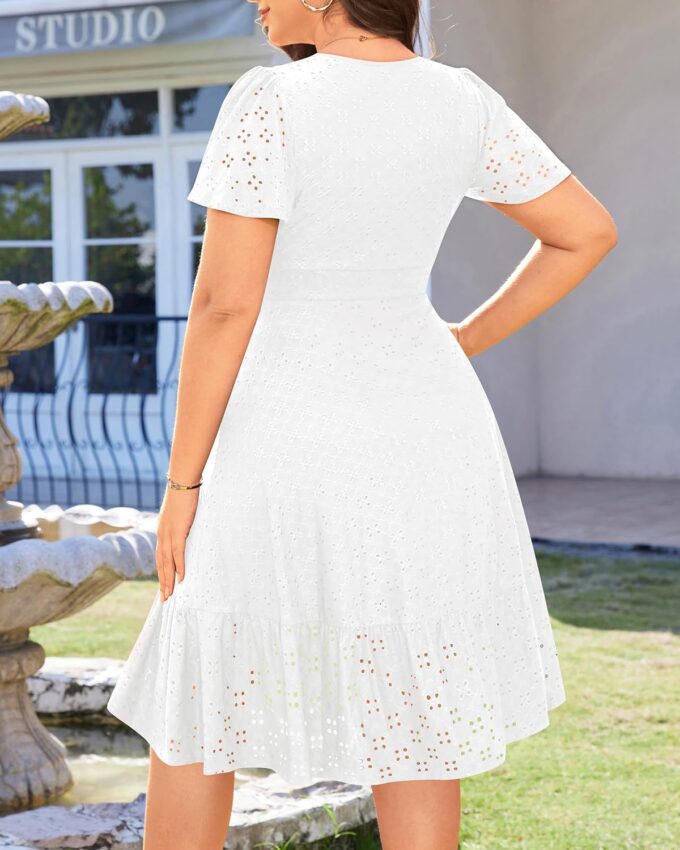 Plus Size Wedding Guest Dress - Summer Semi Formal Midi Eyelet Short Sleeve Wrap V Neck Belted A Line Dresses 2025 – Bild 4