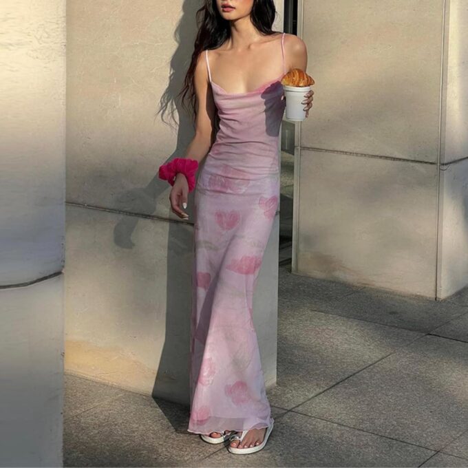 Women's 2025 Summer Dresses Floral Bodycon Maxi Dress Spaghetti Strap Backless Cocktail Party Long Dresses – Bild 6