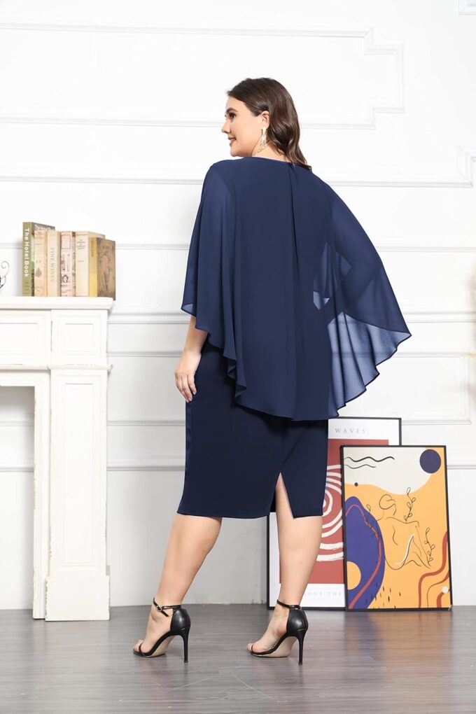 KIMCURVY Damen Große Größen Bleistiftkleid Rüsche Chiffon Cape Abendkleider mit Strass – Bild 5