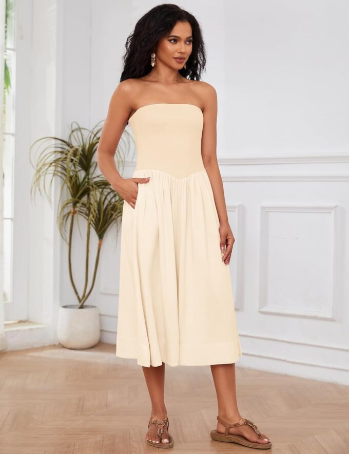 Livtany Women Off Shoulder Midi Dress Strapless Sleeveless Drop-Waist A Line Tube Dress Trendy Summer Swing Patchwork Dress – Bild 4