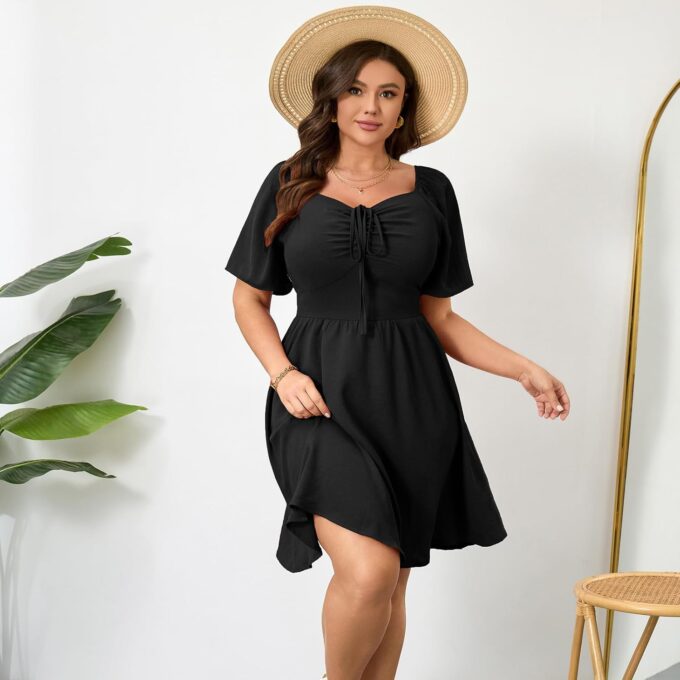 RWJ Women Plus Size Summer Dress Short Sleeve Tie Front Sweetheart Neck Wrap A-Line Casual Mini Wedding Guest Dresses 2025 – Bild 3