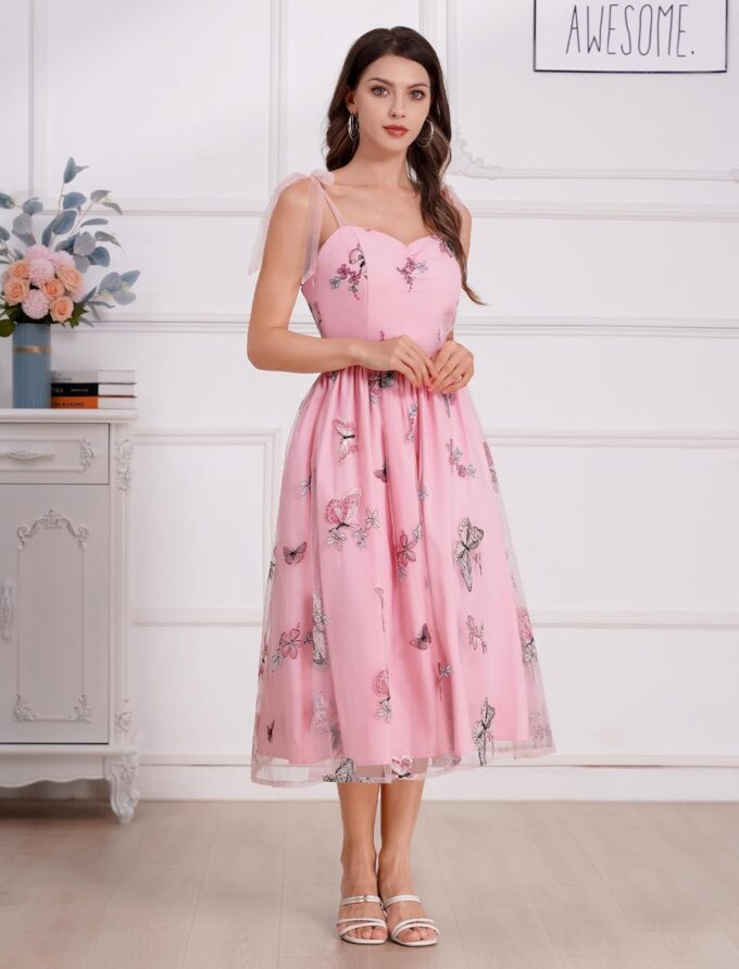 ODIZLI Butterfly Sleeve Dress for Women 1950s Retro Vintage Dress Sleeveless Tie Strap Embroidered Dress – Bild 3
