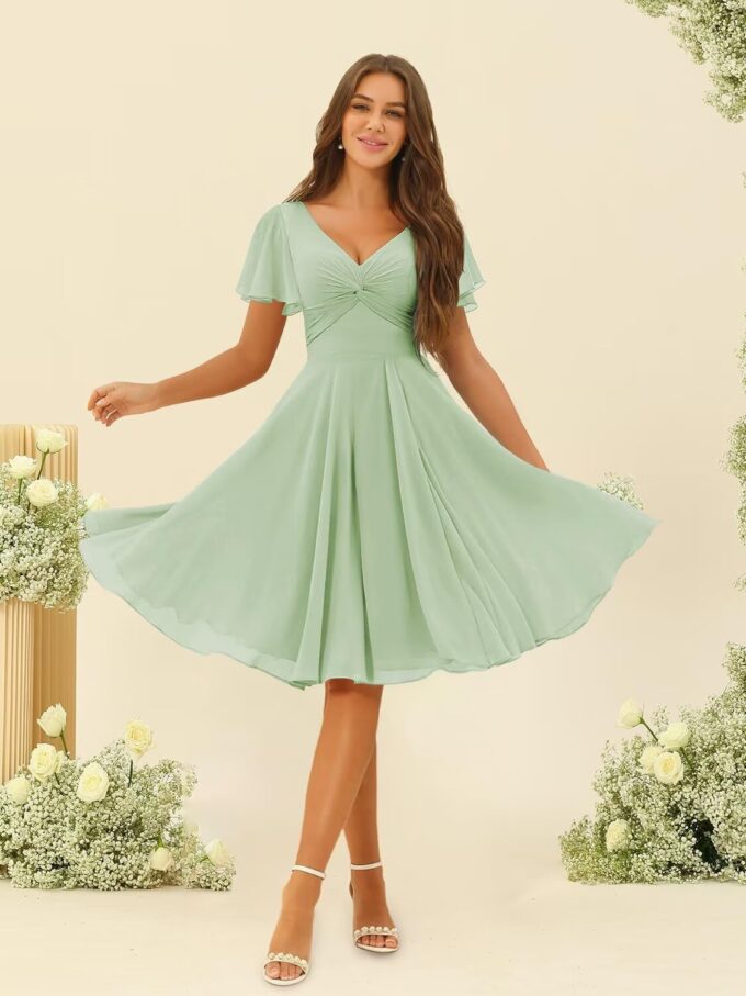 Miao Duo V Neck Short Dusty Blue Bridesmaid Dresses with Pockets Short Ruched Flutter Sleeves Chiffon Formal Dresses for Wedding 8 – Bild 3