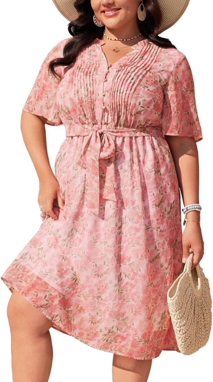 Plus Size Pink Floral Dress for Curvy Women V Neck Short Sleeves High Waisted Boho Midi Dress with Pockets
