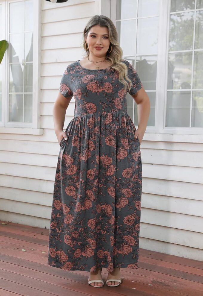 Nemidor Plus Size Maxi Dresses for Curvy Women Summer Casual Loose Short Sleeve Long Beach Dress with Pocket – Bild 3