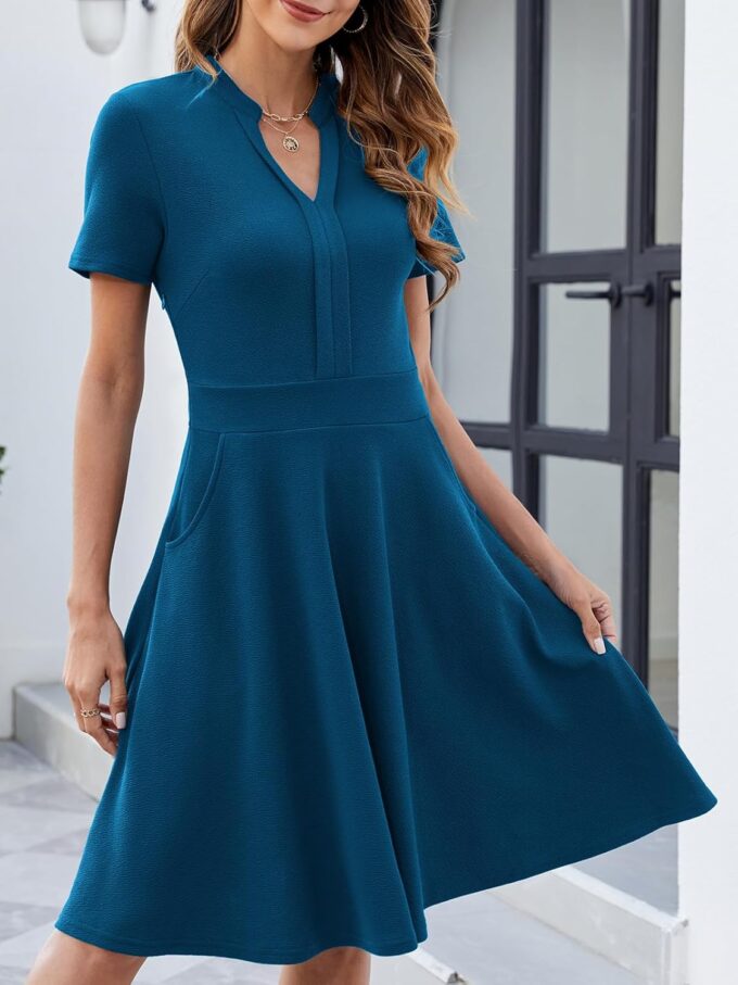 Mokayee Womens Summer Short Sleeve V Neck Fit and Flare Semi Formal Work Wedding Guest Dresses with Pockets – Bild 2