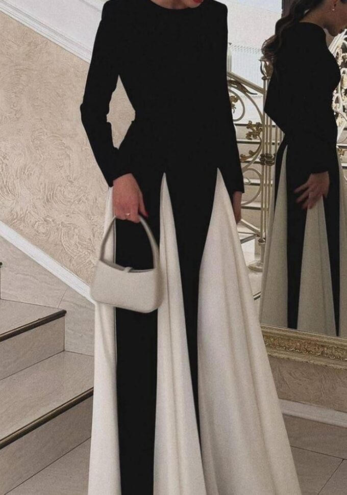 Unybwonn Wedding Guest Dresses for Women Elegant Patchwork Pleated Swing Long Dress Color Block Formal Flowy Maxi Dress – Bild 4