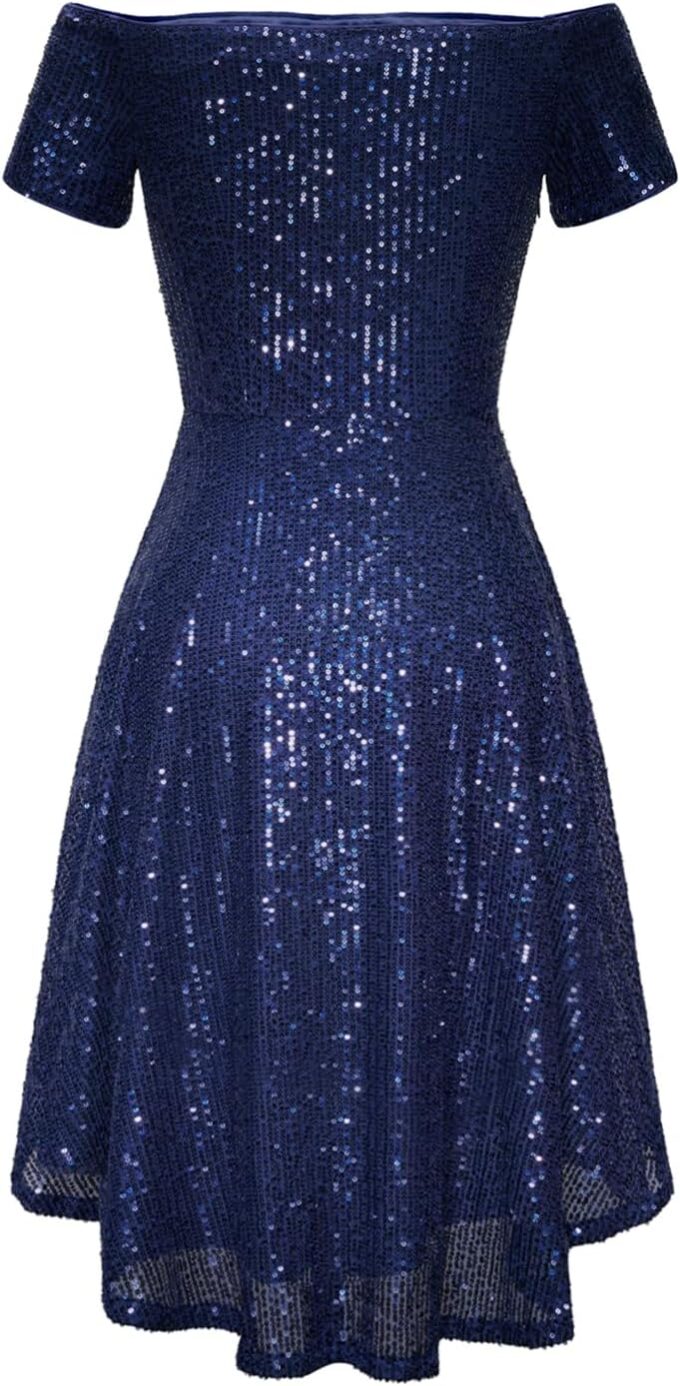 MISSCHEN Women's Sequin Sparkly Glitter Off Shoulder Short Sleeve High Low Cocktail Dress – Bild 2