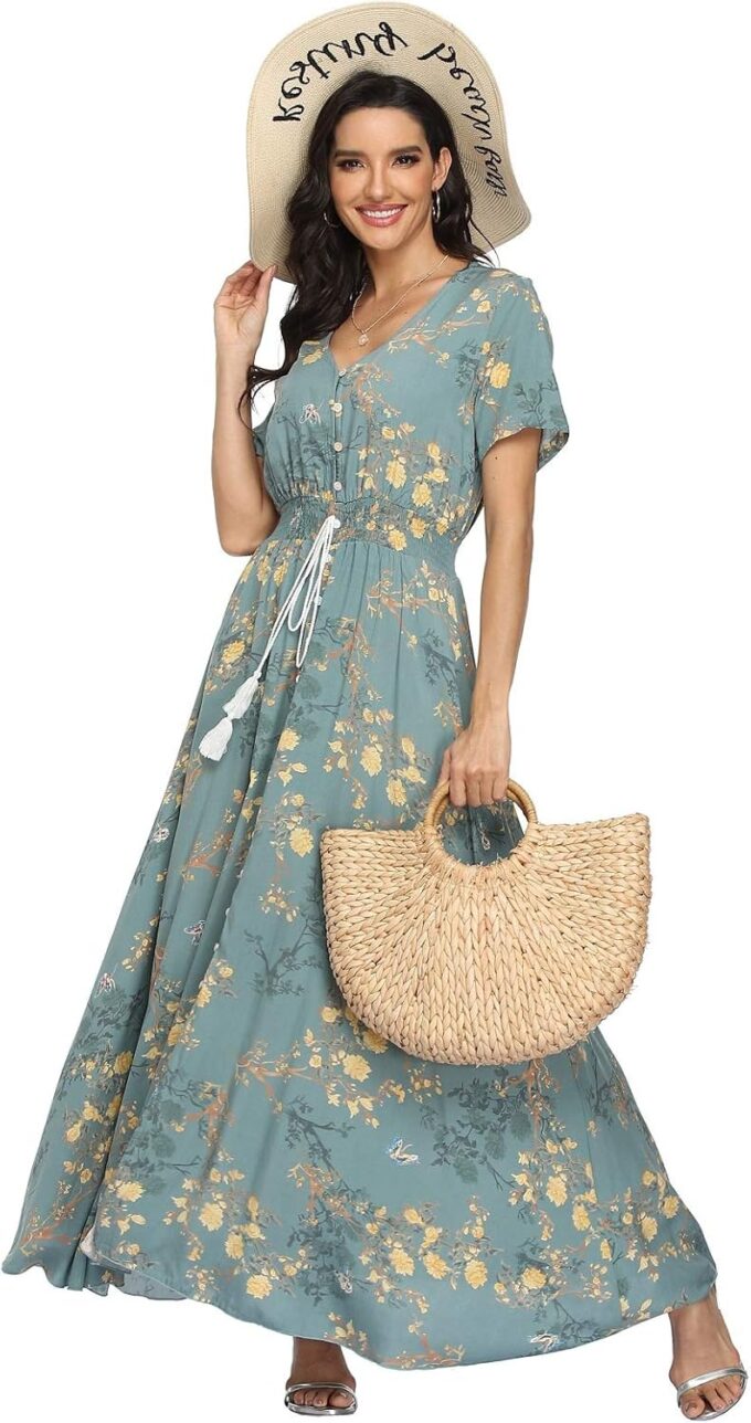 VintageClothing Women's Floral Maxi Dresses Boho Button Up Split Summer Casual Long Dress Beach Party Dress – Bild 3