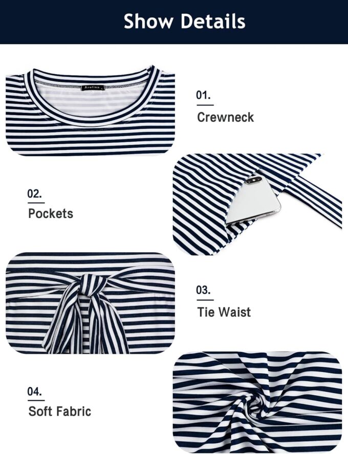 Arolina Womens Summer Short Sleeve Striped T Shirt Dress Casual Midi Dresses Crewneck Tie Waist with Pockets – Bild 6